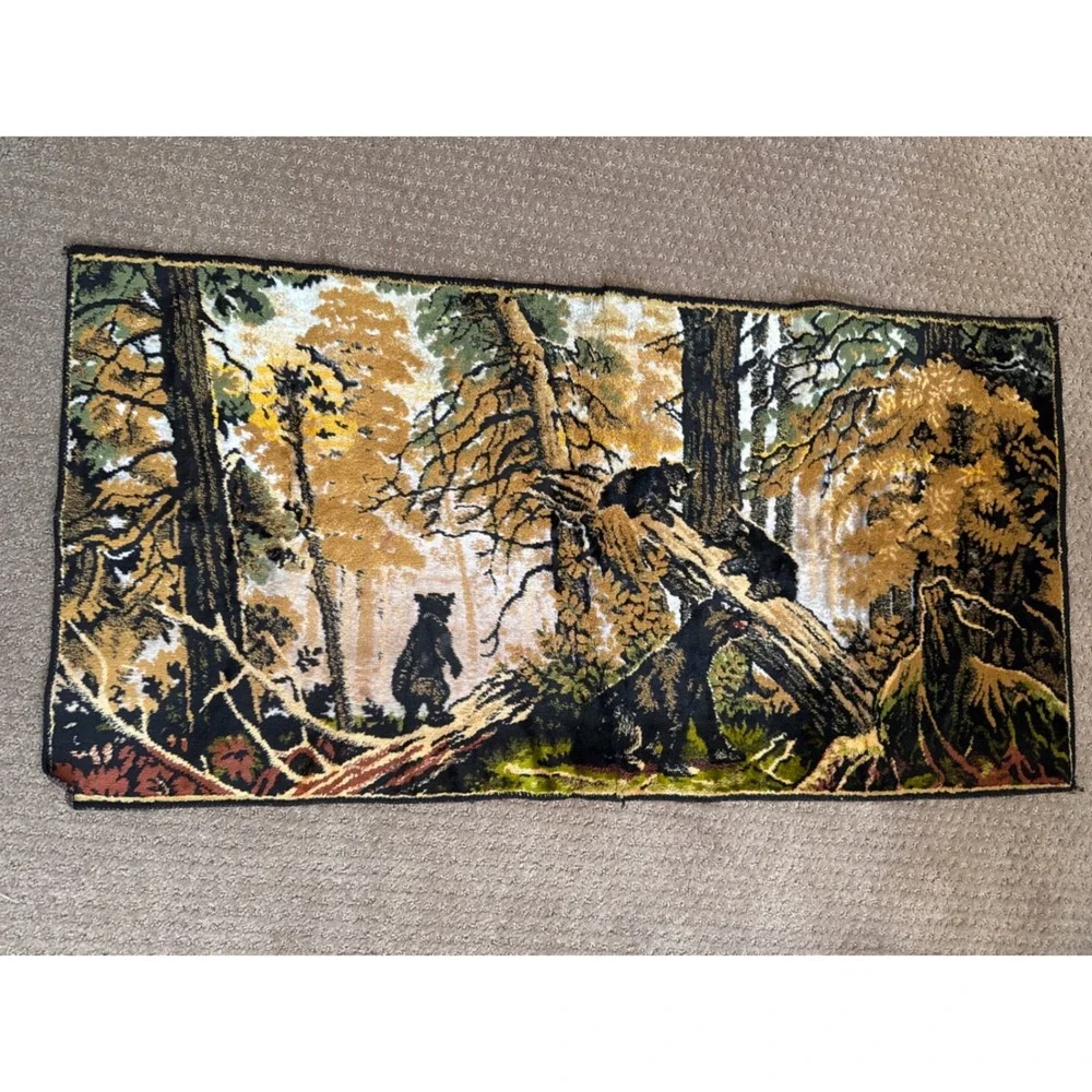 Vintage Black Bear Forest Velvet Wall Tapestry Rustic Cabin Wildlife Decor 39x19